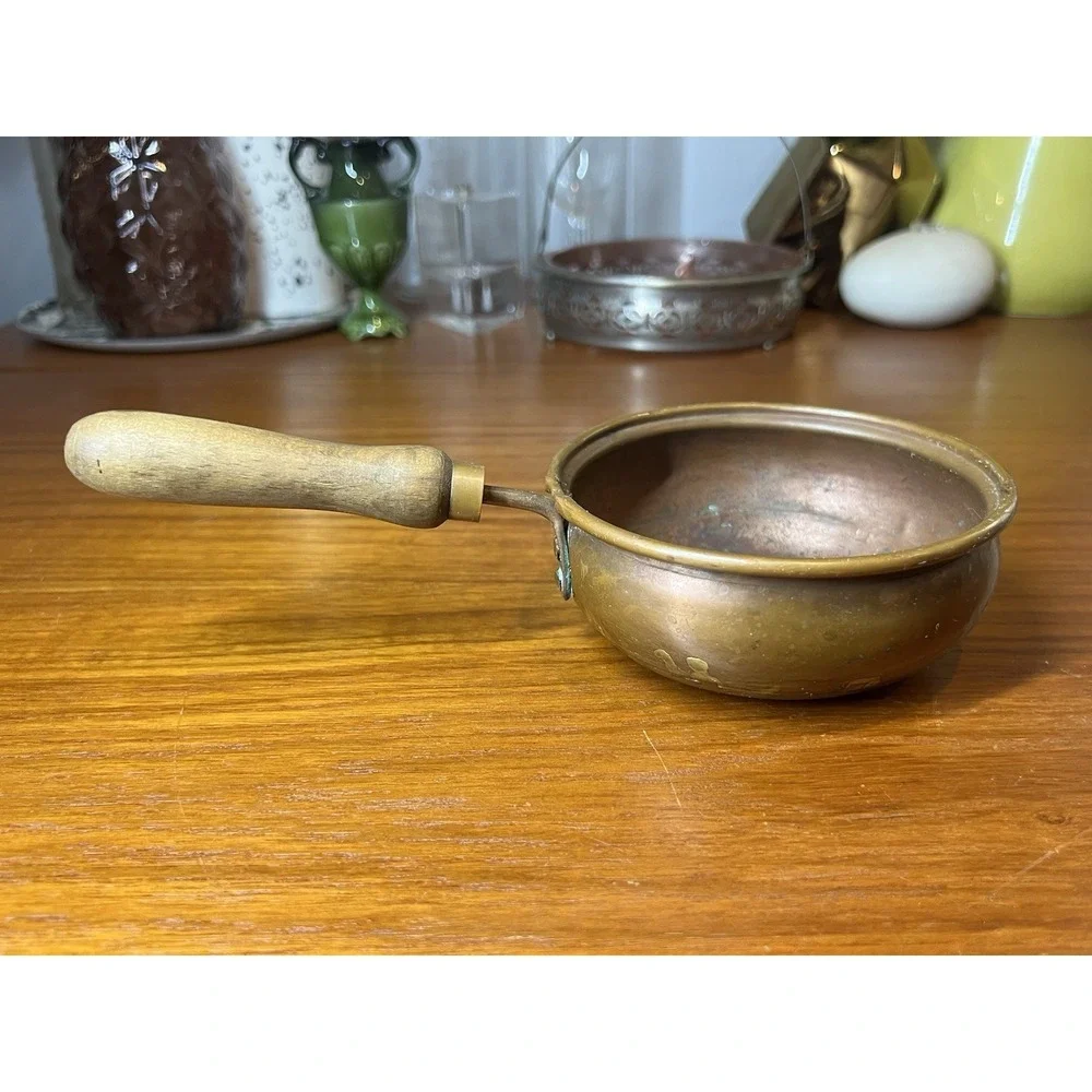 Vintage Copper Saucepan 1 Pt 5in Round w/ Long Wood Handle Made in Holland 1950s